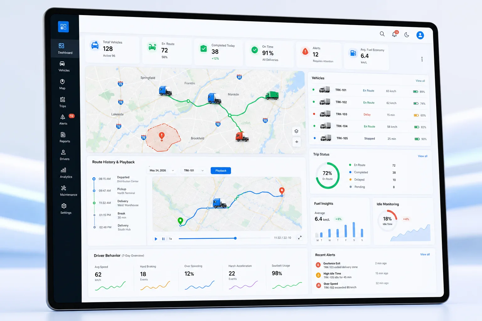 Truck Fleet Tracking Platform dashboard with live routes and playback analytics